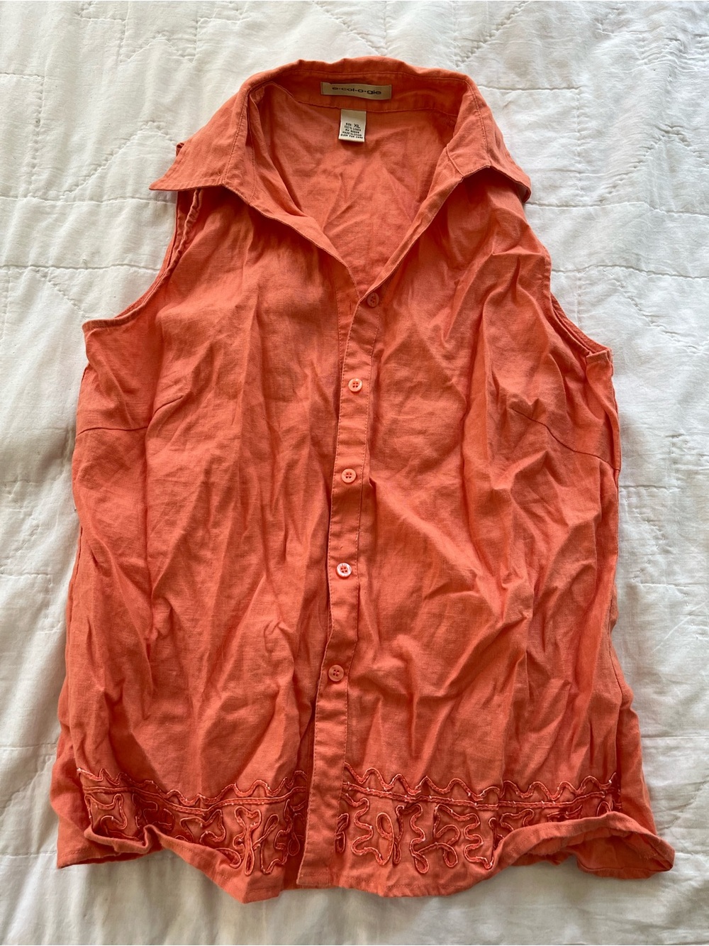 Women’s Ecologie Sleeveless Button-Front Linen Top - Coral size XL embroidered